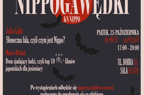 plakat to infografika o nippogawędkach czyli spotkaniu naukowym organizowanym przez koło naukowe nippo działające przy wydziale lingwistyki stosowanej uw